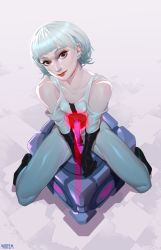 Rule 34 | 1girl, androgynous, bare shoulders, brown eyes, collarbone, ear piercing, eyelashes, flat chest, highres, lips, long hair, looking at viewer, personification, piercing, portal (series), portal 1, short hair, sitting, solo, sentry turret (portal), vintem, aperture science weighted companion cube