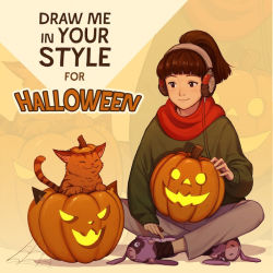 Rule 34 | 1girl, blunt bangs, brown eyes, brown hair, cable, cat, commentary, english commentary, full body, green sweater, headphones, indian style, jack-o&#039;-lantern, julia shii, listening to music, lofi girl, lofi girl (youtube), long hair, official art, ponytail, pumpkin, red scarf, scarf, second-party source, sitting, slippers, smile, socks, solo focus, sweater, zoom layer
