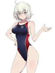 Rule 34 | 1girl, ahoge, blue one-piece swimsuit, competition swimsuit, fate/grand order, fate (series), hand on own hip, highleg, highleg swimsuit, highres, jeanne d&#039;arc (fate), jeanne d&#039;arc alter (avenger) (fate), jeanne d&#039;arc alter (fate), kagemusha, looking at viewer, one-piece swimsuit, short hair, silver hair, simple background, solo, swimsuit, white background, yellow eyes