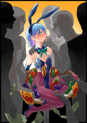 Rule 34 | 6+boys, animal ears, bare shoulders, black footwear, black gloves, blue hair, blush, bow, bowtie, carrot, detached collar, eggplant, elbow gloves, gloves, gradient background, green bow, green bowtie, green eyes, hand on another&#039;s chin, hand on another&#039;s thigh, high heels, highres, leotard, looking at another, male focus, money, mubo, multiple boys, open mouth, orange background, original, pantyhose, playboy bunny, price tag, rabbit ears, red pantyhose, surrounded, trap