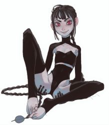 Rule 34 | 1girl, absurdly long hair, black hair, black thighhighs, body freckles, braid, closed mouth, eyelashes, flat chest, freckles, grin, highres, leaning back, long hair, looking at viewer, mossacannibalis, original, palgan gaguri, partially visible vulva, red eyes, sharp toenails, shrug (clothing), simple background, sitting, smile, solo, spread pussy under clothes, stirrup legwear, thighhighs, toeless legwear, toenails, turtleneck, very long hair, white background