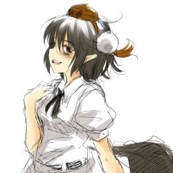 Rule 34 | 1girl, blush, female focus, hat, looking at viewer, open mouth, pointy ears, profile, shameimaru aya, short hair, simple background, smile, solo, tokin hat, touhou, white background, wings, yudepii