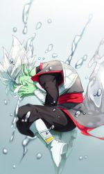 Rule 34 | 1boy, alternate costume, artist request, boots, colored skin, covering face, crying, dougi, dragon ball, dragon ball heroes, dragon ball super, earrings, eyepatch, full body, fused zamasu, green skin, jewelry, long sleeves, male focus, pointy ears, potara earrings, short hair, simple background, solo, source request, spiked hair, white hair, zamasu