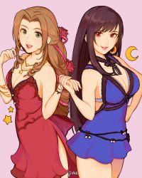 Rule 34 | 2girls, aerith gainsborough, aerith gainsborough (red dress), artist name, black hair, blue dress, bra strap, breasts, brown hair, cleavage, crescent, crescent earrings, dress, earrings, female focus, final fantasy, final fantasy vii, final fantasy vii remake, green eyes, hair ribbon, highres, holding hands, jewelry, jivke, large breasts, long hair, looking at viewer, medium breasts, multiple girls, necklace, necktie, open mouth, parted lips, red dress, red eyes, ribbon, side slit, smile, star!!, strapless, strapless dress, tifa lockhart, tifa lockhart (refined dress), wall market