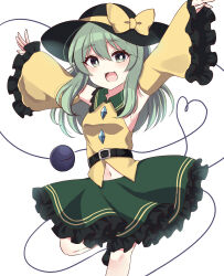 Rule 34 | 1girl, :d, absurdres, adapted costume, armpits, black hat, bow, bright pupils, commentary, detached sleeves, frilled skirt, frills, green eyes, green hair, green skirt, hat, hat bow, heart, heart of string, highres, komeiji koishi, leg up, long sleeves, looking at viewer, medium hair, navel, open mouth, simple background, skirt, smile, solo, subaru (subachoco), third eye, touhou, white background, white pupils, yellow bow