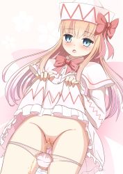 Rule 34 | 1girl, akizuki (akizuki71), blonde hair, blue eyes, blush, bow, bow panties, bowtie, capelet, cleft of venus, clothes lift, dress, dress lift, floral background, hat, highres, lily white, long hair, long sleeves, looking at viewer, open mouth, panties, panty pull, peeing, pink background, pink neckwear, pink panties, pussy, standing, touhou, uncensored, underwear, white capelet, white dress, white headwear