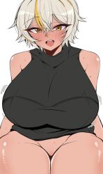 1girl artist_request blonde_hair blush bottomless bouncing_breasts bra breasts groin highres huge_breasts looking_at_viewer luvdia motion_lines multicolored_hair open_mouth park_dona shiny_skin short_hair silhouette smile streaked_hair sweater thick_thighs thighs two-tone_hair underwear virtual_youtuber white_hair yellow_eyes