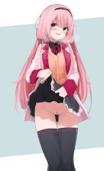 Rule 34 | 1girl, absurdres, black hair, black skirt, black thighhighs, blush, brown cardigan, cardigan, female pubic hair, heart, heart-shaped pupils, heavy breathing, highres, jacket, lifted by self, long hair, long sleeves, looking at viewer, nijisanji, no panties, open mouth, pink hair, pleated skirt, pubic hair, purple eyes, pussy juice, school uniform, skirt, sleeve cuffs, solo, standing, suo sango, suo sango (1st costume), symbol-shaped pupils, thighhighs, uxu, very long hair, virtual youtuber, white jacket