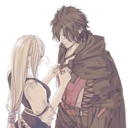Rule 34 | 1boy, 1girl, adjusting clothes, beard stubble, blush, braid, chinstrap beard, clive rosfield, cloak, facial hair, final fantasy, final fantasy xvi, highres, jill warrick, leather vest, long hair, looking at another, looking to the side, low-tied long hair, mixmomo yah, mustache, single braid, standing, stubble, translation request, upper body