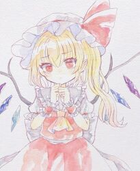 Rule 34 | 1girl, ascot, bat wings, blonde hair, crystal, flandre scarlet, hat, hat ribbon, hiyuu (hiyualice), mob cap, multicolored wings, one side up, puffy short sleeves, puffy sleeves, red eyes, red skirt, red vest, ribbon, short sleeves, side ponytail, skirt, skirt set, solo, touhou, traditional media, upper body, vest, white hat, wings, yellow ascot