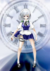 Rule 34 | 1girl, bad id, bad pixiv id, braid, clock, female focus, full body, izayoi sakuya, knife, looking at viewer, pigeon-toed, red eyes, roman numeral, short hair, silver hair, solo, sora music, embodiment of scarlet devil, thigh strap, throwing knife, touhou, twin braids, weapon