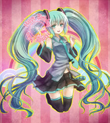 Rule 34 | 1girl, boots, character name, detached sleeves, green eyes, green hair, happy birthday, hatsune miku, li luo, long hair, matching hair/eyes, necktie, pointing, rainbow, skirt, solo, striped, striped background, thigh boots, thighhighs, twintails, very long hair, vocaloid