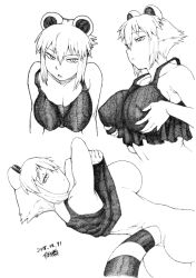 Rule 34 | 1girl, 2018, animal ears, araiguma-san, ass, backboob, bottomless, breasts, cleavage, crop top, dated, expressionless, hanging breasts, huge breasts, jitome, looking at viewer, looking back, monochrome, multiple views, navel, no bra, original, parted lips, raccoon ears, raccoon tail, short hair, signature, simple background, standing, tail, tank top, tsukudani (coke-buta), undressing, white background