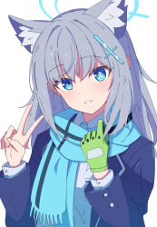 Rule 34 | 1girl, absurdres, animal ear fluff, animal ears, aot., blue archive, blue eyes, blue necktie, blue scarf, bright pupils, collar, collared shirt, cross hair ornament, earrings, gloves, green gloves, grey hair, hair between eyes, hair ornament, halo, highres, jewelry, long sleeves, looking at viewer, medium hair, mismatched pupils, necktie, parted lips, scarf, school uniform, shiroko (blue archive), shirt, simple background, single glove, smile, solo, stud earrings, upper body, v, white background, white collar, white pupils, white shirt, wolf ears