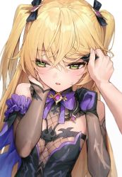 Rule 34 | 1girl, black gloves, black ribbon, blonde hair, breasts, detached collar, eyepatch, unworn eyepatch, fingernails, fischl (genshin impact), genshin impact, gloves, green eyes, hair between eyes, hair ribbon, highres, long hair, looking to the side, purple gloves, ribbon, simple background, single glove, small breasts, solo focus, ttutto, two-tone gloves, two side up, upper body, white background