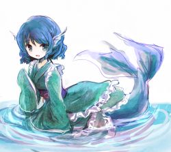 Rule 34 | 1girl, :d, bad id, bad pixiv id, blue eyes, blue hair, fins, frilled kimono, frills, furorida, head fins, japanese clothes, kimono, mermaid, monster girl, obi, open mouth, sash, short hair, sleeves past wrists, smile, touhou, wakasagihime, wide sleeves