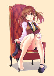 Rule 34 | 10s, 1girl, :d, armchair, barefoot, breasts, brown eyes, brown hair, chair, feet, highres, idolmaster, idolmaster cinderella girls, large breasts, mary janes, mk (mod0), no socks, open mouth, pencil skirt, royale style (idolmaster), shoes, unworn shoes, simple background, single shoe, sitting, skirt, smile, solo, totoki airi, twintails