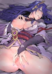 Rule 34 | 1girl, alpha-type, anus, bed sheet, breasts, bridal gauntlets, censored, commentary, cowboy shot, english commentary, flower, genshin impact, hair flower, hair ornament, hand on own chest, highres, japanese clothes, kimono, large breasts, lips, long hair, looking at viewer, lying, mitsudomoe (shape), mixed-language commentary, mole, mole under eye, mosaic censoring, nail polish, nipples, no panties, obi, obiage, obijime, off shoulder, on back, one breast out, parted lips, purple eyes, purple hair, purple kimono, purple nails, pussy, raiden shogun, sash, solo, spread legs, spread pussy, tomoe (symbol), vision (genshin impact)