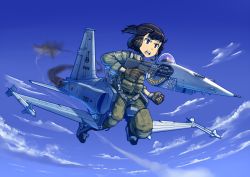 Rule 34 | 1girl, aircraft, airplane, blue sky, boots, brown eyes, brown gloves, brown hair, cloud, commentary, english commentary, erica (naze1940), f-5, fighter jet, finger on trigger, flying, gloves, green pants, green vest, gun, headphones, highres, holding, holding gun, holding weapon, jet, long sleeves, mecha musume, microphone, military, military uniform, military vehicle, open mouth, original, outdoors, pants, round teeth, sky, solo, teeth, uniform, vest, weapon