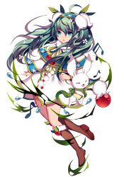 Rule 34 | 1girl, ahoge, aqua eyes, boots, flower, full body, green hair, hair flower, hair ornament, hatsune miku, highres, knee boots, lily of the valley, long hair, musical note, quaver, rabbit, rhea (0u0), simple background, snowdrop (flower), snowflake print, solo, twintails, vocaloid, white background, yuki miku, yukine (vocaloid)