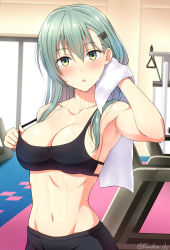 Rule 34 | 1girl, :o, abs, aqua hair, areola slip, armpits, black bra, black pants, blush, bra, breasts, cleavage, collarbone, commentary request, green eyes, gym, hair between eyes, hair ornament, hairclip, highres, indoors, kanden sky, kantai collection, large breasts, long hair, looking at viewer, navel, off shoulder, pants, parted lips, self exposure, sideboob, sidelocks, skindentation, solo, sports bra, suzuya (kancolle), sweat, towel, twitter username, underwear, upper body, wiping sweat