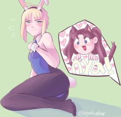 Rule 34 | 2girls, ahoge, animal ears, artoria pendragon (fate), bad id, bad pixiv id, bare shoulders, blonde hair, blue eyes, blush, braid, breasts, rabbit tail, cat ears, cat tail, embarrassed, fate/stay night, fate (series), flying sweatdrops, french braid, green background, green eyes, henemimi, highres, multiple girls, pantyhose, playboy bunny, saber (fate), small breasts, tail, thighs, tohsaka rin, twintails, wrist cuffs
