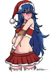 Rule 34 | 1girl, akairiot, bandeau, blue eyes, blue hair, blush, breasts, christmas, embarrassed, fire emblem, fire emblem awakening, full-face blush, fur trim, gloves, hat, long hair, looking at viewer, lucina (fire emblem), matching hair/eyes, midriff, miniskirt, navel, nintendo, pleated skirt, santa costume, santa hat, signature, simple background, skirt, small breasts, solo, stomach, strapless, thighhighs, tube top, white background, zettai ryouiki