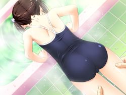 Rule 34 | 1girl, age difference, back, bathroom, bathtub, brown hair, disembodied hand, father and daughter, furusawa asumi, game cg, hair ornament, incest, male hand, musume shimai, nonohara miki, one-piece swimsuit, school swimsuit, short hair, swimsuit, twintails, water