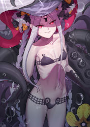 Rule 34 | 1girl, abigail williams (fate), abigail williams (swimsuit foreigner) (fate), abigail williams (swimsuit foreigner) (first ascension) (fate), bad id, bad pixiv id, bare shoulders, bikini, black bikini, black bow, bow, breasts, collarbone, colored skin, creature, double bun, fate/grand order, fate (series), forehead, glowing, glowing eye, grin, hair bun, highres, kakeku, keyhole, long hair, looking at viewer, multiple bows, navel, orange bow, parted bangs, red eyes, sidelocks, small breasts, smile, swimsuit, tentacles, thighs, third eye, underwater, very long hair, white hair, white skin