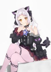 Rule 34 | 1girl, absurdres, animal ear fluff, animal ears, arm support, bad anatomy, bare shoulders, black bow, black dress, blunt bangs, bow, cat ears, cat tail, chain print, choker, closed mouth, cowboy shot, crossed arms, detached sleeves, dress, frilled choker, frills, gothic lolita, green eyes, grey background, hair ribbon, halter dress, halterneck, hand to own mouth, hand up, highres, hololive, lolita fashion, long hair, looking at viewer, multicolored eyes, murasaki shion, murasaki shion (gothic lolita), orange eyes, pantyhose, pink pantyhose, ribbon, sidelocks, silver hair, simple background, sitting, smirk, solo, tail, tail bow, tail ornament, virtual youtuber, wavy hair, yu (yuureteiru), yuureteiru