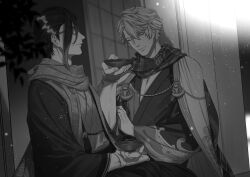Rule 34 | 2boys, aladdin (sinoalice), alcohol, bracelet, cape, closed eyes, closed mouth, commission, cup, floral print, glasses, gloves, hair slicked back, hameln (sinoalice), jewelry, mage (mgmg ff), male focus, monochrome, multicolored hair, multiple boys, new year, night, outdoors, sakazuki, sake, scarf, short hair, sinoalice, sitting, smile, two-tone hair