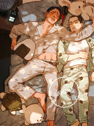 Rule 34 | 2boys, bed, black hair, blanket, boxers, brown hair, buzz cut, chengongzi123, closed eyes, commentary, contemporary, couple, dark-skinned male, dark skin, drooling, english commentary, facial hair, full body, goatee stubble, golden kamuy, green pajamas, grey pajamas, highres, indoors, koito otonoshin, lying, male focus, male underwear, mouth drool, multiple boys, nightstand, on back, onigiri print, open mouth, pajamas, phone, pillow, sample watermark, shirt, short hair, sleeping, stubble, stuffed animal, stuffed rabbit, stuffed seal, stuffed toy, stuffed turtle, tsukishima hajime, underwear, very short hair, watermark, white shirt, yaoi