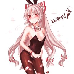 Rule 34 | 1girl, animal ears, bare shoulders, blush, bow, breasts, rabbit ears, commentary request, frown, fujiwara no mokou, hair bow, hair ribbon, long hair, navel, pantyhose, party popper, playboy bunny, red eyes, ribbon, small breasts, solo, sparkle, sweat, tis (shan0x0shan), touhou, translation request, white hair