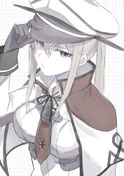 Rule 34 | 1girl, black gloves, blue eyes, breasts, capelet, celtic knot, closed mouth, cross, gloves, graf zeppelin (kancolle), grey hair, hair between eyes, hand on headwear, hat, highres, iron cross, kantai collection, large breasts, long hair, long sleeves, looking at viewer, military, military uniform, peaked cap, simple background, solo, toriniku senshi chikinman, twintails, uniform, upper body, white hat