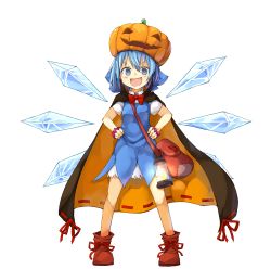Rule 34 | &gt;:d, 1girl, :d, alternate costume, asameshi, bag, blue eyes, blue hair, bow, cape, cirno, dress, full body, halloween, halloween costume, hands on own hips, jack-o&#039;-lantern, lantern, matching hair/eyes, open mouth, pumpkin, short hair, simple background, smile, solo, touhou, v-shaped eyebrows
