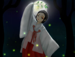 Rule 34 | 1girl, arm up, black hair, branch, chihaya (clothing), closed mouth, commentary, fireflies, full moon, hair pulled back, hakama, hakama skirt, holding, japanese clothes, kimono, long hair, long sleeves, looking at viewer, mageko, miko, moon, night, original, red hakama, sidelocks, skirt, sleeves past fingers, sleeves past wrists, solo, straight hair, white kimono, wide sleeves