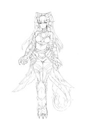 Rule 34 | 1girl, animal hands, barbariank, bare shoulders, belt, breasts, claws, commentary, commentary typo, english commentary, feather trim, feathers, fiery tail, fins, fire emblem, frown, full body, greyscale, hair ornament, head fins, highres, laevatein (fire emblem), laevateinn (fire emblem), lineart, lizard tail, long hair, looking at viewer, monochrome, monster girl, monster girl encyclopedia, monsterification, nintendo, salamander (monster girl encyclopedia), scales, solo, standing, tail, thigh gap, twintails