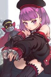 Rule 34 | 1girl, :t, bare shoulders, belt, belt buckle, black dress, black footwear, black headwear, black jacket, black thighhighs, blush, boots, buckle, cape, closed mouth, colonel olcott (fate), doll, dress, dressing, fate/grand order, fate (series), glowing, glowing eyes, hat, helena blavatsky (fate), helena blavatsky (third ascension) (fate), highres, jacket, knee up, long sleeves, looking at viewer, miya (miyaruta), open clothes, open jacket, peaked cap, pout, purple eyes, purple hair, red belt, red cape, short hair, sitting, sleeves past wrists, strapless, strapless dress, thighhighs, twintails, v-shaped eyebrows