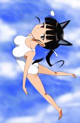 Rule 34 | 1girl, animal ears, ass, barefoot, black hair, breasts, collarbone, day, eyepatch, unworn eyepatch, heterochromia, highres, long hair, medium breasts, one-piece swimsuit, ponytail, purple eyes, sakamoto mio, sky, solo, strike witches, swimsuit, tail, white one-piece swimsuit, world witches series, yumekaranigeruna
