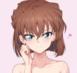 Rule 34 | 1girl, blue eyes, brown hair, closed mouth, haibara ai, hair between eyes, hand up, heart, highres, looking at viewer, meitantei conan, portrait, short hair, simple background, smile, solo, taro (ultrataro), white background