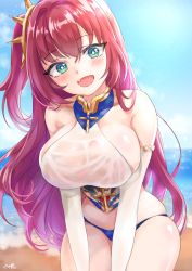 Rule 34 | 1girl, :d, aqua eyes, aye, azur lane, beach, blush, breasts, bright pupils, cross, day, elbow gloves, fang, gloves, hair intakes, head tilt, large breasts, long hair, looking at viewer, ocean, one side up, open mouth, red hair, sideboob, skindentation, smile, solo, surcouf (azur lane), thighs, very long hair, water, white gloves, white pupils