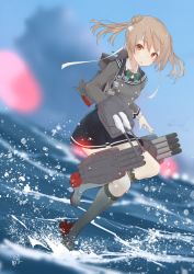 Rule 34 | 1girl, adapted turret, black skirt, bow, bowtie, cannon, commentary request, double bun, full body, green bow, green bowtie, grey jacket, grey sailor collar, hair bun, headband, highres, jacket, kantai collection, light brown hair, looking at viewer, machinery, michishio (kancolle), michishio kai ni (kancolle), neve (morris-minicooper), official alternate costume, sailor collar, short twintails, skirt, solo, standing, standing on liquid, standing on one leg, torpedo launcher, turret, twintails, water, waves, white headband, yellow eyes