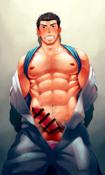 Rule 34 | 1boy, abs, bar censor, bara, bare pectorals, bare shoulders, blue shirt, blush, censored, chest hair, clenched teeth, clothes lift, ear blush, erection, facial hair, feet out of frame, goatee, hairy, highres, large pectorals, long sideburns, looking at viewer, male focus, male pubic hair, male underwear, male underwear peek, male underwear pull, mature male, muscular, muscular male, navel, navel hair, nipples, obliques, open jumpsuit, original, pectorals, penis, pink male underwear, precum, precum, pubic hair, shirt, shirt behind neck, shirt lift, short hair, sideburns, solo, stomach, teeth, thick eyebrows, underwear, unplugged line, veins, veiny penis