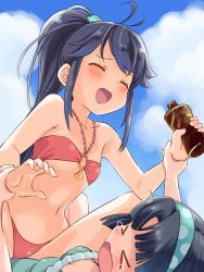 Rule 34 | &gt; &lt;, 2girls, ahoge, aqua one-piece swimsuit, bikini, black hair, blush, bottle, breasts, cleavage, cloud, commentary request, covered erect nipples, crying, day, closed eyes, frilled swimsuit, frills, grabbing another&#039;s hand, hair ornament, hairband, holding another&#039;s wrist, long hair, multiple girls, musumi kiyoka, navel, o-ring, o-ring top, one-piece swimsuit, open mouth, pink one-piece swimsuit, ponytail, sky, small breasts, smile, straddling, struggling, swimsuit, takano natsuki, tanning oil, tears, toji no miko, yamashiro yui, you gonna get raped, yuri