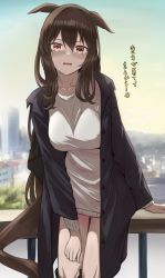 Rule 34 | 1girl, absurdres, admire vega (umamusume), animal ears, blurry, blurry background, blush, breasts, brown hair, casual, cityscape, collarbone, commentary request, fence, highres, horse ears, horse tail, long hair, medium breasts, open mouth, ponytail, red eyes, ryouta (ryouta335), sky, solo, tail, umamusume