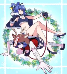 Rule 34 | 2girls, :o, all fours, alternate costume, antlers, aqua eyes, arm wrap, blue background, blue capelet, blue eyes, blue footwear, blue gloves, blue hair, blue skirt, breasts, brown headwear, capelet, chestnut mouth, cleavage, cleavage cutout, closed mouth, clothing cutout, collarbone, commentary request, crop top, crossed legs, eichi yuu, flat chest, full body, fur trim, gloves, gradient background, hair between eyes, hair ornament, hair rings, hair stick, half-closed eyes, high heels, holding, holding stick, horns, index finger raised, jiangshi, kaku seiga, leash, leg wrap, looking ahead, looking at viewer, medium breasts, midriff, miniskirt, miyako yoshika, multiple girls, nail polish, navel, ofuda, purple nails, red shirt, reindeer antlers, reindeer hat, shirt, short hair, simple background, sitting, sitting on person, skirt, smile, stick, touhou, whip, wreath