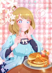 Rule 34 | + +, 1girl, absurdres, ahoge, blue dress, blue eyes, blueberry, blush, dress, flower, food, fork, fruit, hair flower, hair ornament, hands up, heart, highres, holding, holding fork, idolmaster, idolmaster million live!, idolmaster million live! theater days, light brown hair, long sleeves, looking at viewer, pancake, plaid, plaid background, plate, raby vivid, short hair, smile, solo, standing, strawberry, suou momoko, syrup, table, whipped cream