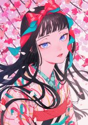 Rule 34 | 1girl, aburage (motimotigg20), black hair, blue eyes, blunt bangs, branch, cherry blossoms, commentary request, floating hair, hair ribbon, head tilt, highres, japanese clothes, kimono, long hair, looking at viewer, original, parted lips, petals, print kimono, ribbon, solo, virtual youtuber