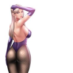 Rule 34 | 1girl, ass, dr stein (pixiv), fishnets, highres, leotard, looking at viewer, looking back, mia (smoking hypnosis), playboy bunny, simple background, smoking hypnosis, white background