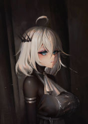 Rule 34 | 1girl, ahoge, armlet, ascot, blue eyes, breasts, closed mouth, commentary, english commentary, eyebrows hidden by hair, eyelashes, hair between eyes, hair ornament, highres, looking at viewer, original, short hair, solo, upper body, white hair, yurichtofen